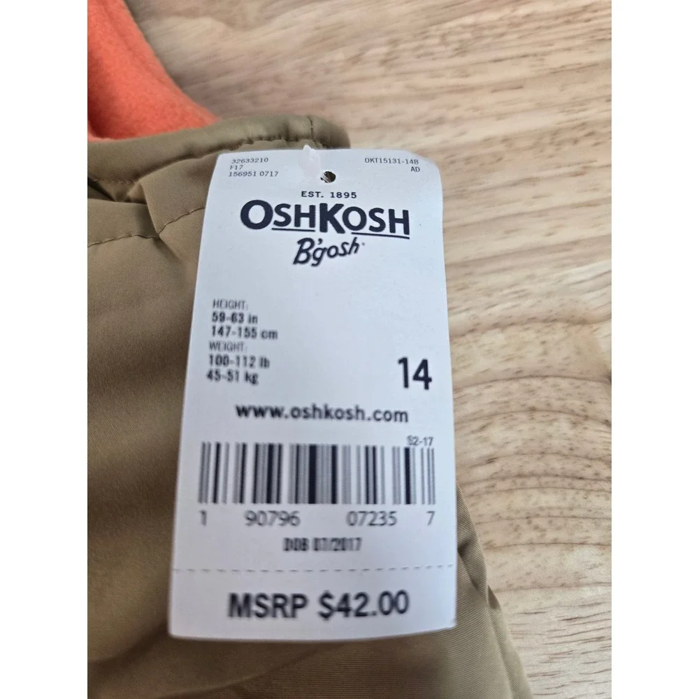 OshKosh Bgosh Boys Tan Khaki Puffer Vest Orange Fleece Lined Size 14 NWT
